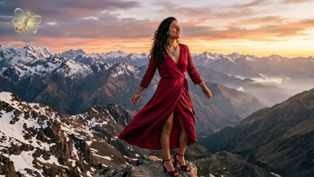 Mulher em vestido vermelho caminhando em cenário de montanhas, simbolizando relacionamentos modernos, sexualidade saudáv.