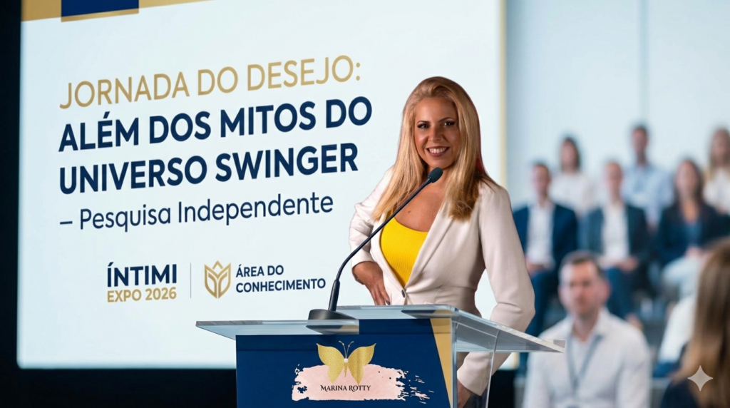 Imagem de uma mulher sorridente falando em evento sobre swing, relacionamentos abertos, psicologia, sexualidade saudável.