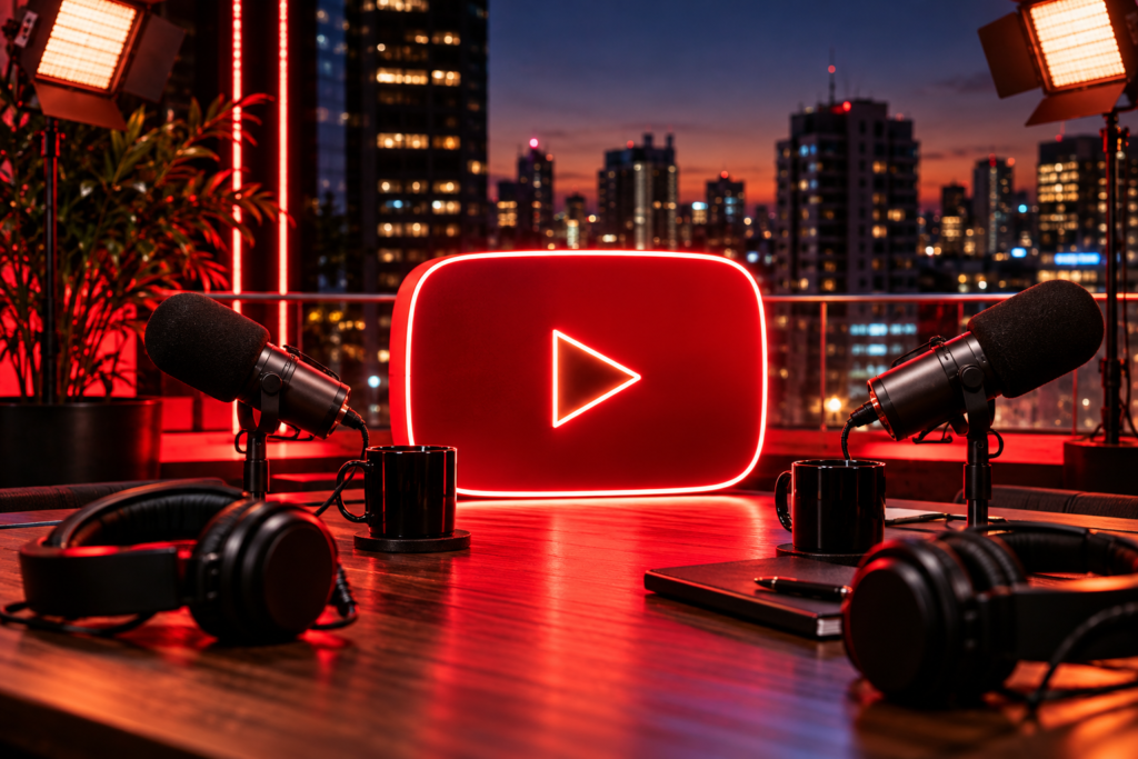 Mesa de podcast com microfones e símbolo do YouTube em cenário noturno