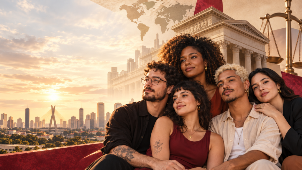 Pessoas representando diversidade relacional diante de símbolos de justiça e cidadania